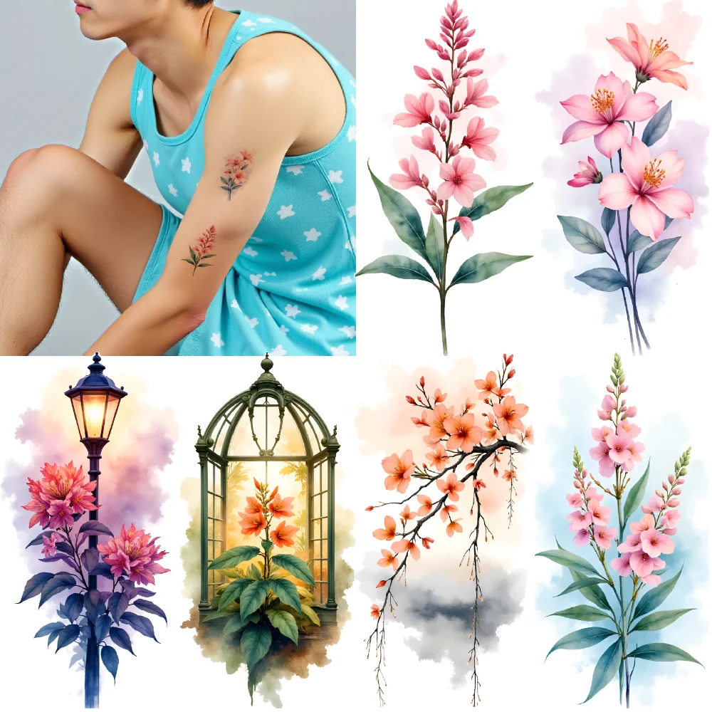 

9pcs Temporary Tattoo Floral Design Watercolor Colorful Tattoo Waterproof Long-lasting Body Stickers For Cheeks Chest