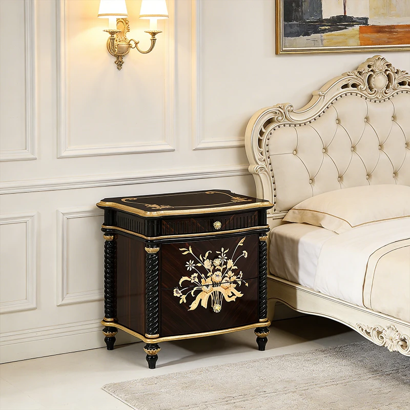 

!@Baroque-inspired Hand-carved Solid Wood Gold Foil Frame High-gloss Black Finish Luxury French Nightstand 2 Bedroom Apartment