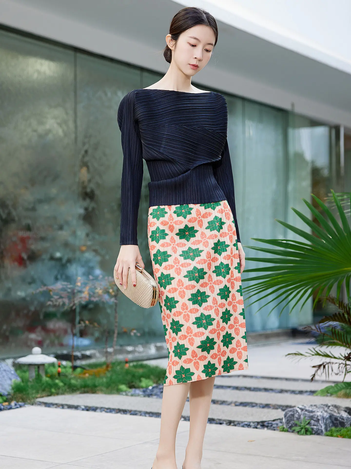 Three-Fold Windset Design Sense One-Shoulder Long Sleeve Printed Slimming Half Skirt High Waist Midi Two-Piece Set for Women