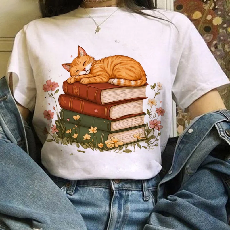 

T-Shirt Printed Top Book Flower Cat Pattern Cartoon Casual T-Shirt Summer Style Short Sleeve Clothing O-Neck Regular Basic T-Shi