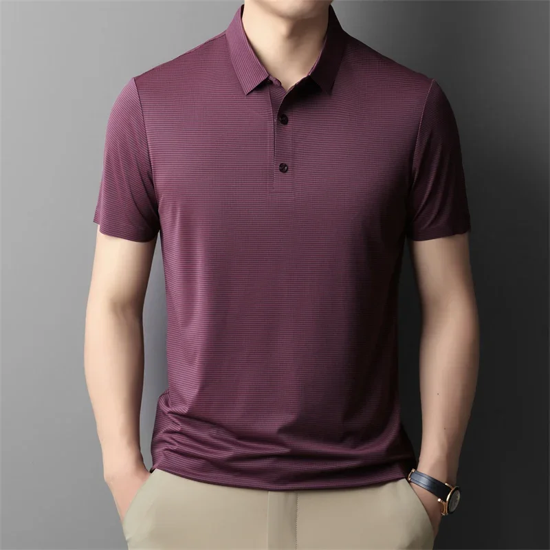 Ice Silk Short Sleeve Polo Shirt Men\'s 2024 Summer New and Thin Lapel Casual Business Striped T-shirt