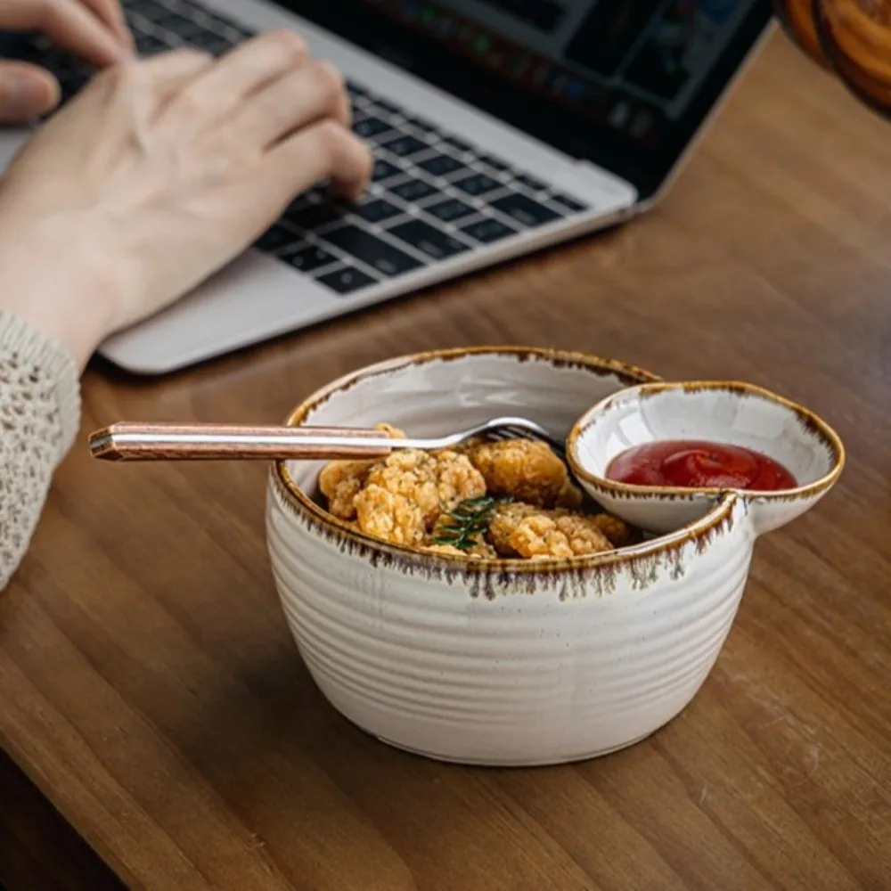 Tableware Japanese Style Single Ear Dipping Bowl Ceramic Vintage Divided Snack Bowl Creative Compartment Serving Bowl Home Use