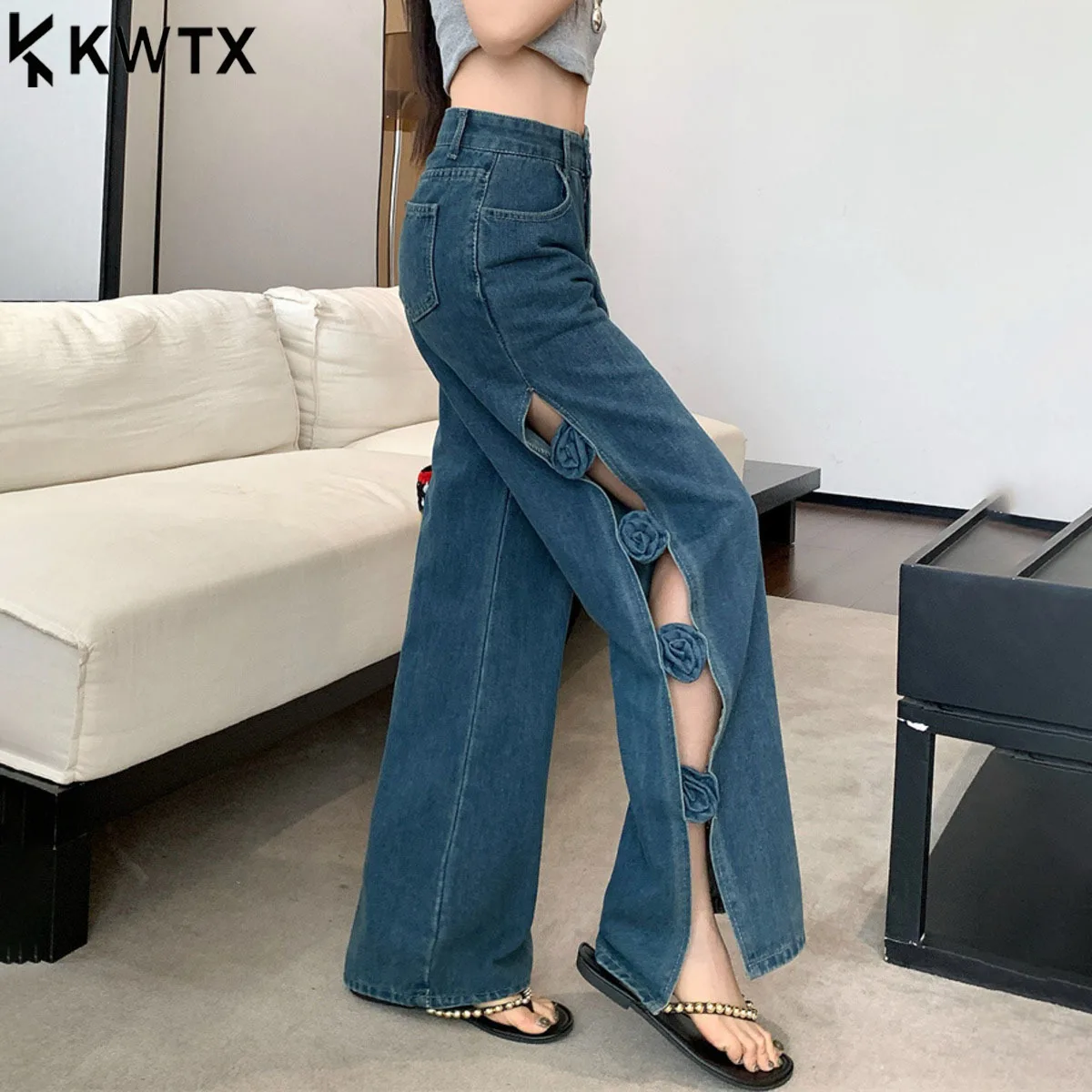 KWTX 2025 جينز نسائي أزرق عتيق بأرجل واسعة ثلاثي الأبعاد مزهّر بفتحة عالية مثير نمط الشارع أنيق مريح ربيع خريف جديد #1