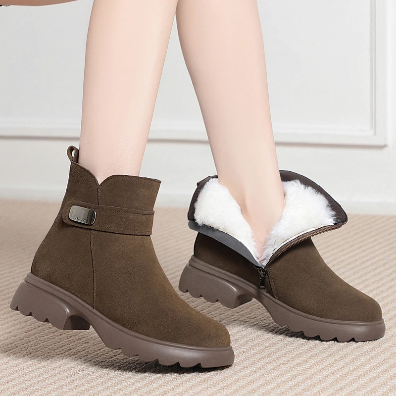 

AIYUQI Women's Winter Boots 2025 New Suede Genuine Leather Ankle Boots Flat Large Size Wool Snow Boots for Ladies