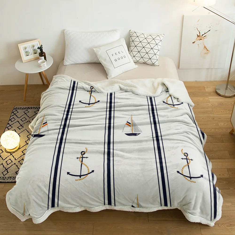 Boat Anchor Stripes White Plush Throw Blanket Sherpa Fleece Bedspread Blankets Sofa Cover Bedding Picnic Wool Soft Blanket