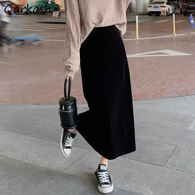 

Юбки женские осенне-зимние прямые миди черные теплые с высокой талией во французском стиле винтажные Faldas темперамент Pleuche Harajuku элегантные