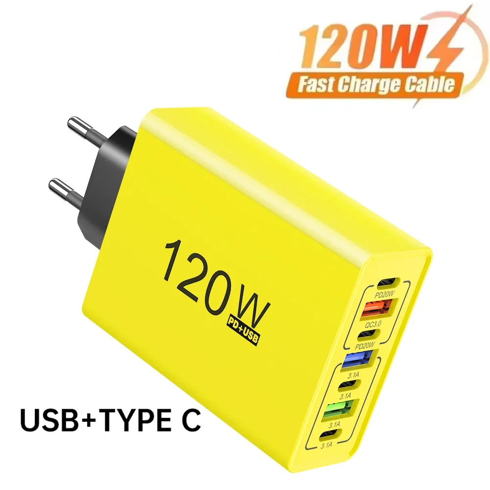 USB-Ladegerät, insgesamt 120 W, mehrere Anschlüsse, Typ C, Schnelllade-Netzteil, Wandladegerät, PD Quick Charge 3.0, Reiseadapter, EU/US-Stecker