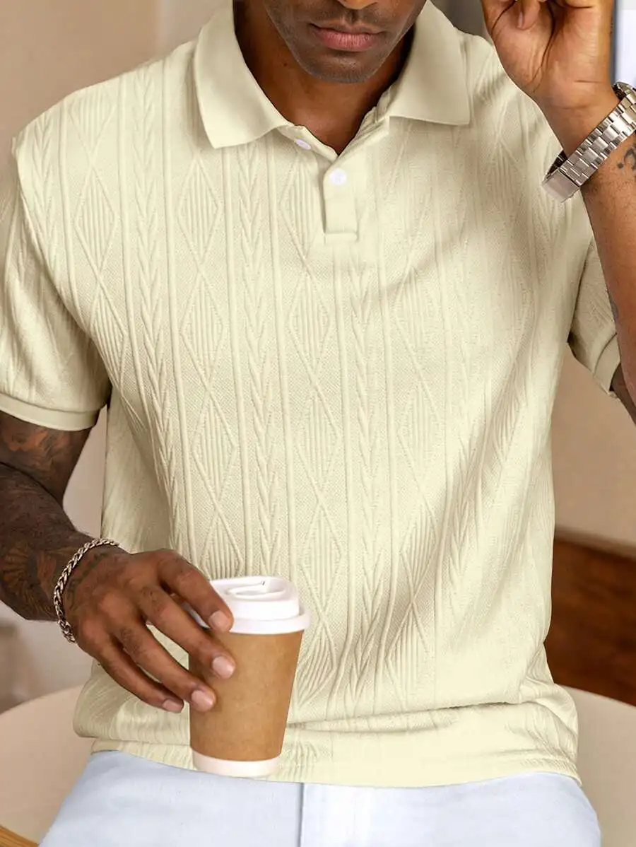 Men's White Textured Knit Short Sleeve Collar Polo Shirt, Casual Style