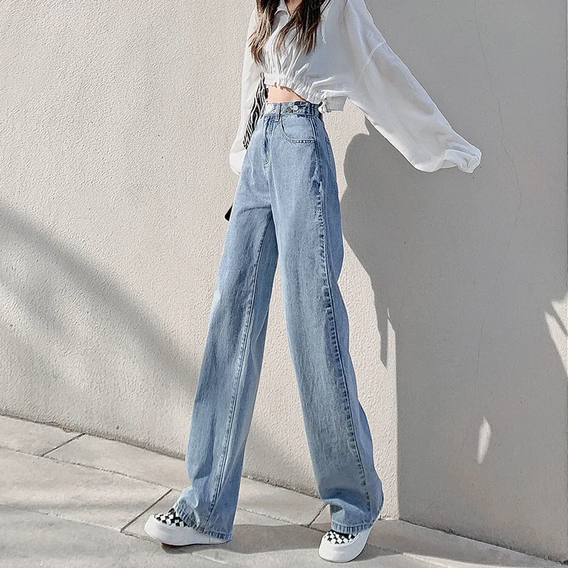 Adjustable High Waist Jeans Women's Straight Leg Loose Fit Floor Length Korean Style Versatile Student Wide Leg Pants