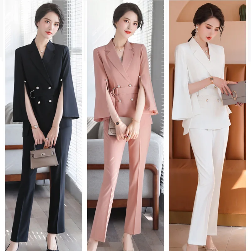 Women's Elegant Pant Suit, Split Three Quarter Sleeve with Belt, Blazer Coat and Pencil Pant, Fashion, 4XL