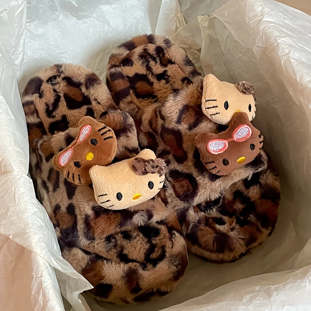 

Y2K Hello Kitty Leopard Print Plush Slipper Sanrio Cute Autumn and Winter Spicy Girl Thick Bottom Fashion Non-Slip Home Shoes