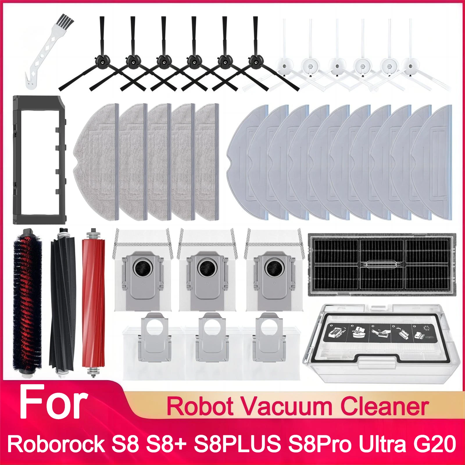 Roborock S8 PLUS S8 Pro Ultra S8+ Robot Vacuum Spare Parts：Main Side Brush，Mop Cloth，HEPA Filters，Dust Bags，Dust Box Accessories