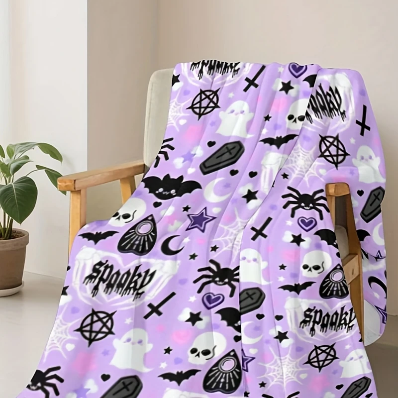 1pc Pastel Gothic Style Blanket - Gothic Featuring Bat, Spider, Skull, and Moon Patterns in Soft Lilac-pink Tones, Made of Soft