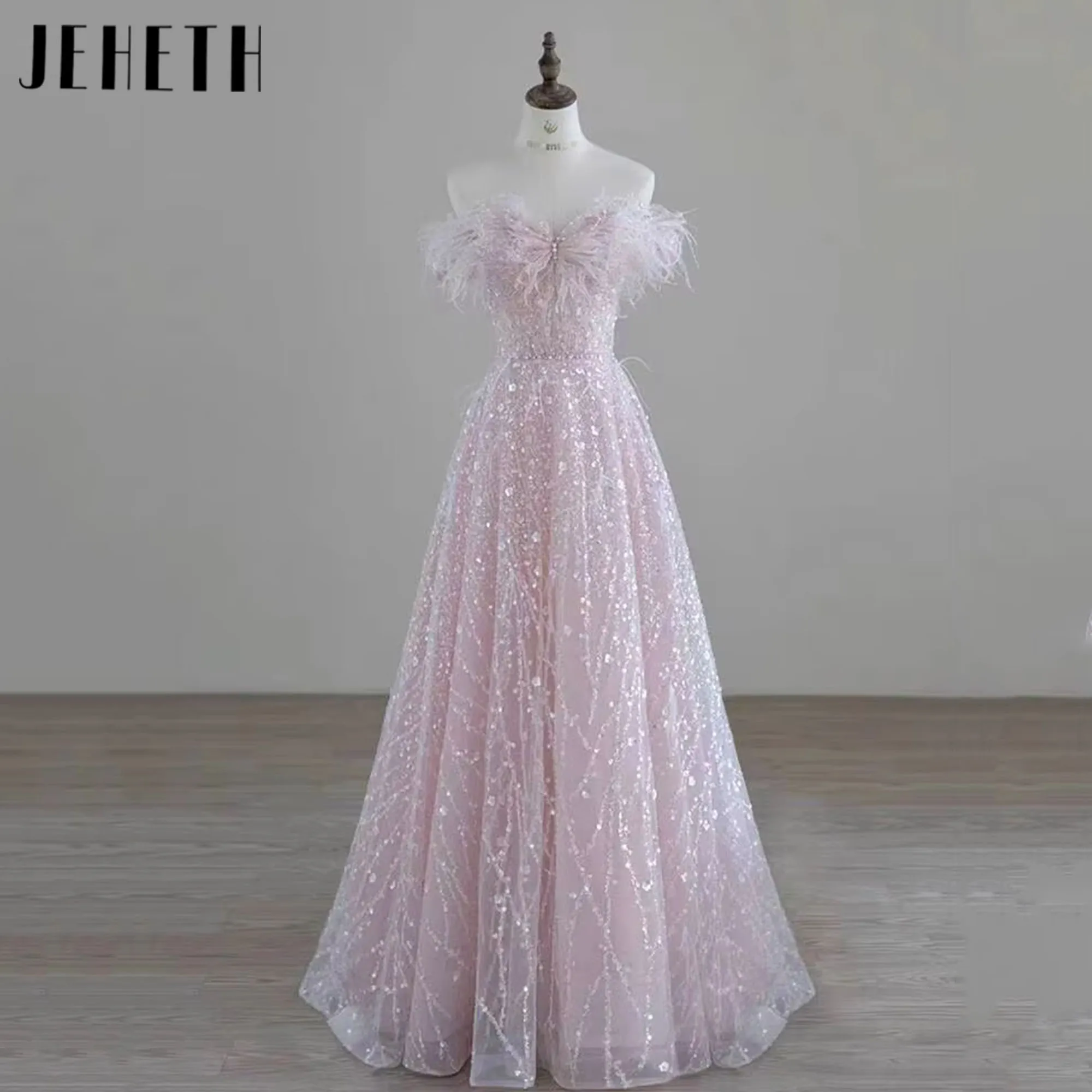 

Luxury Exquisite Sparking Feathers Off the Shoulder Evening Dress A-Line فساتين سهره فاخره 2025 Party Prom Gown v