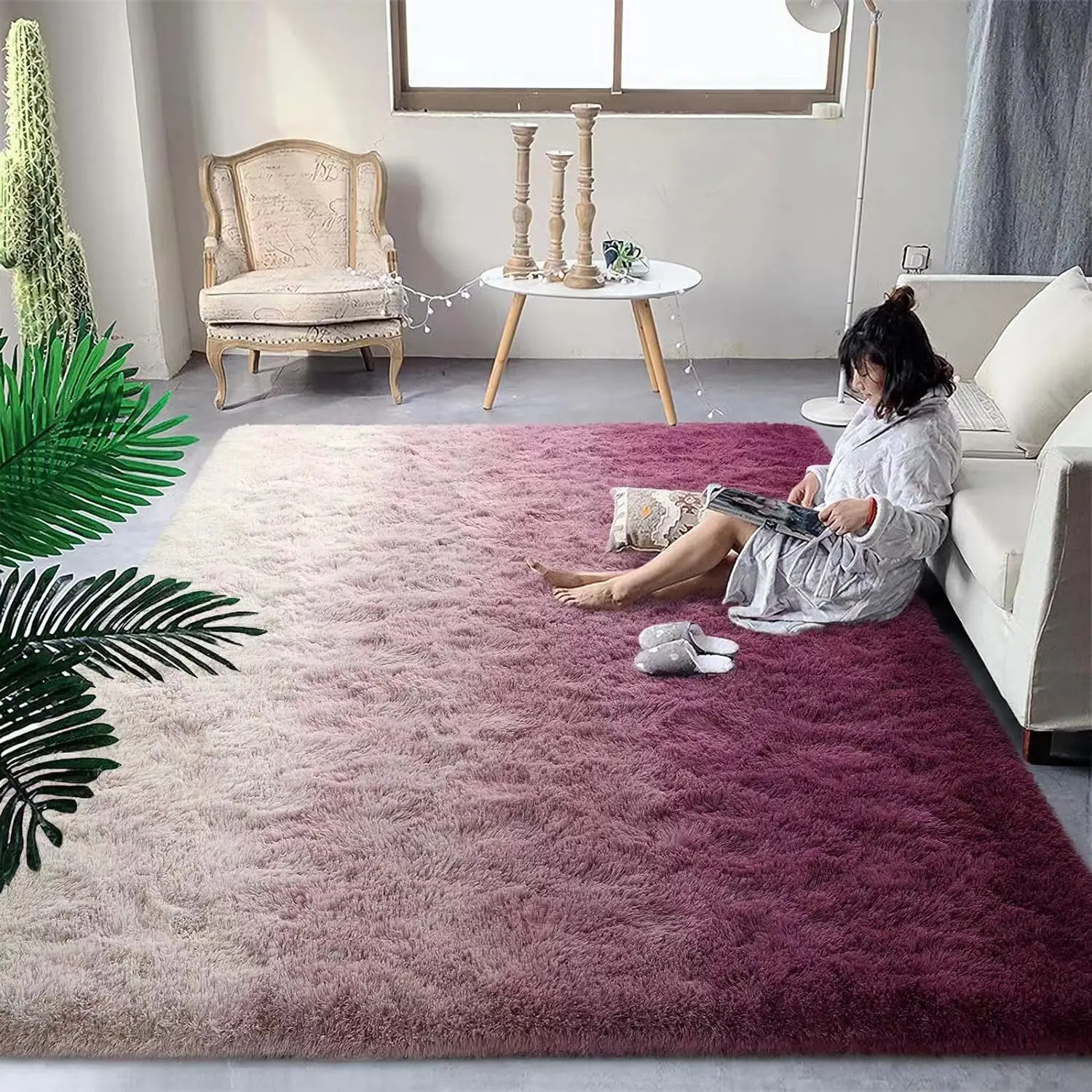 VIKAMA Tie-Dye Gradient Shaggy Carpet Simple Living Room Sofa Shaggy Floor Mat Bedroom Shaggy Carpet