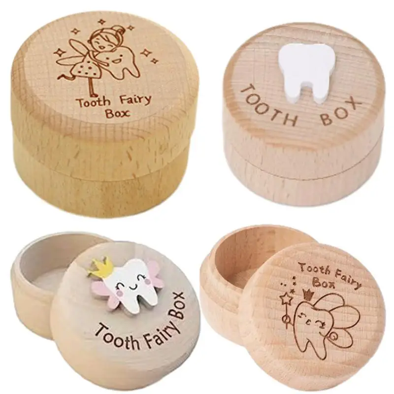 Tooth Fairy Box, Wooden Round Tooth Case Keepsake Organizer, Mini Cute Collect Lost Tooth Souvenir Storage Box, Kids Gift