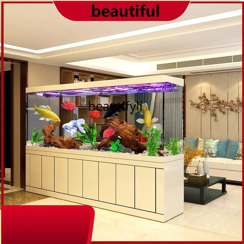H Living room large ultra-white glass bottom filter fish tank partition aquarium office fish tankH