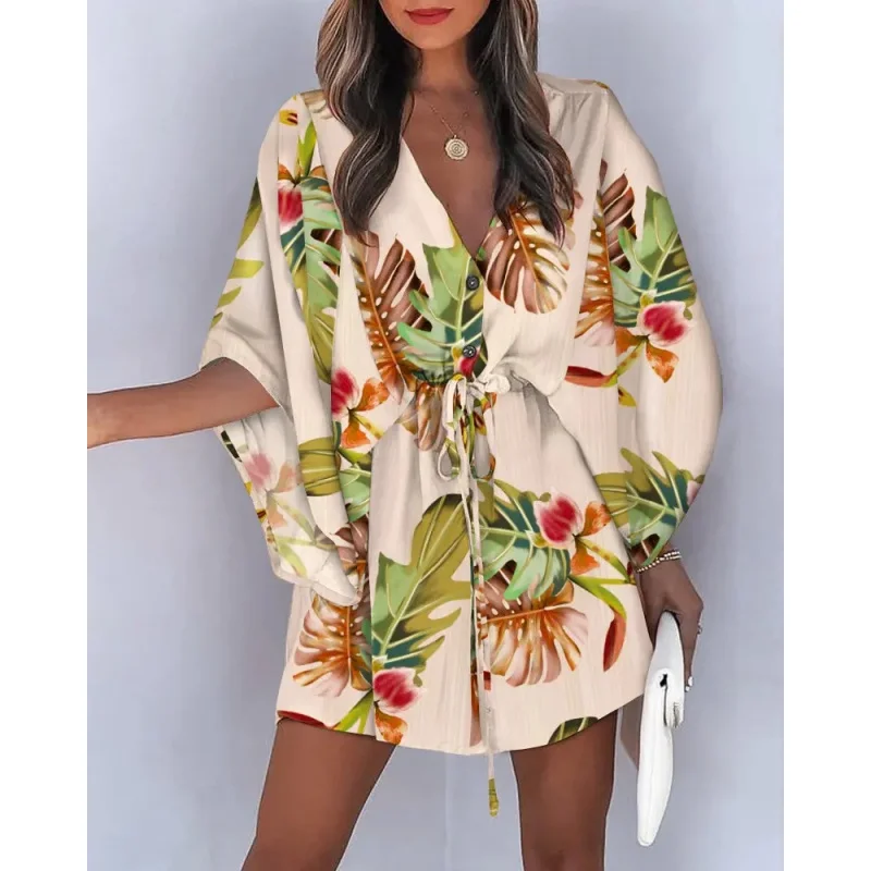 2024 summer flight sleeve printed skirt V-neck casual dress short skirt