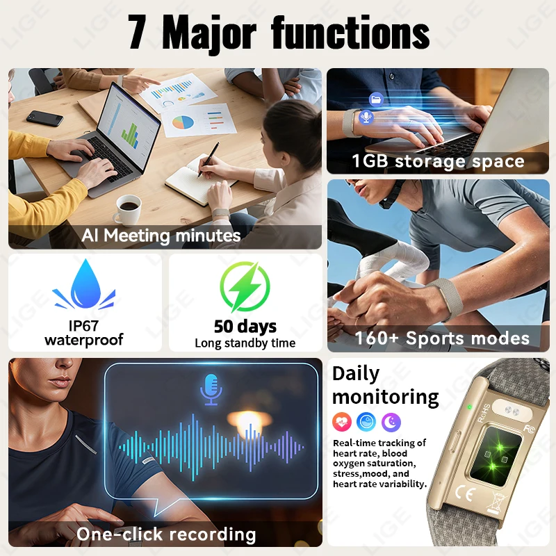 LIGE No Screen Smart Wristbands AI Meeting Recording Transcription Heart Rate Health Smart Bracelet Call Reminder Smart Watches