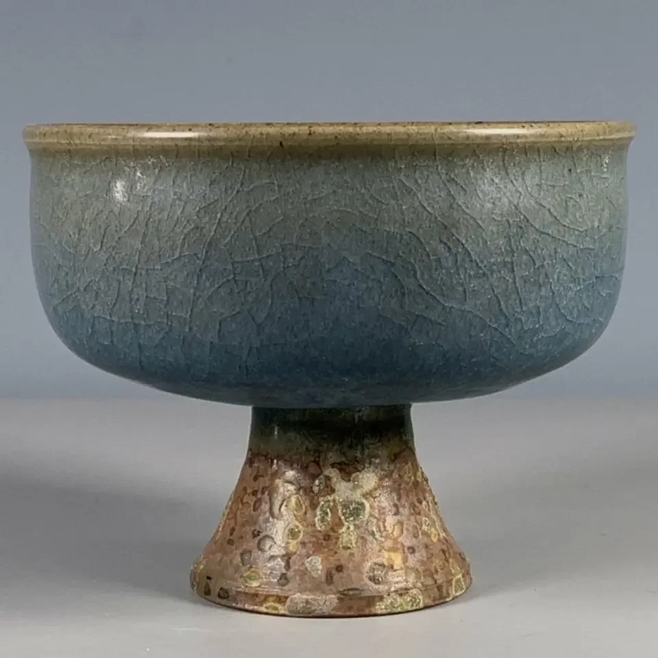 Ancient Chinese vessels Jun porcelain crackle high-foot cup Antiques and antiques collection Decoration Crafts Desktop ornaments