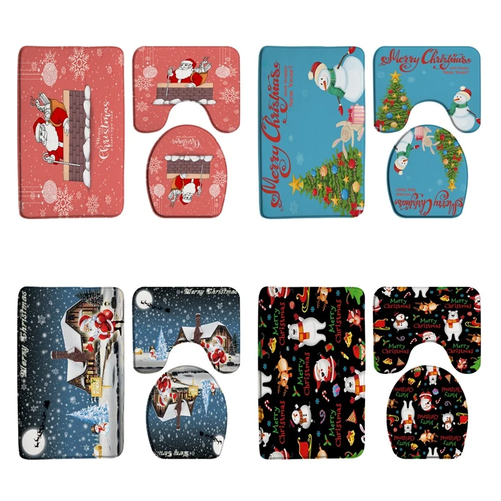 

Santa Claus Chimney Bath Mat Set Christmas Snowman Xmas Trees Cartoon Bear Bathroom Rug Non Slip Doormat Carpet Toilet Lid Cover