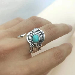 Huajie Classic Women's Ethnic Style Carving Pattern Rings Ancient Silver Color Retro Open Ring Jewelry Accessories Trendy