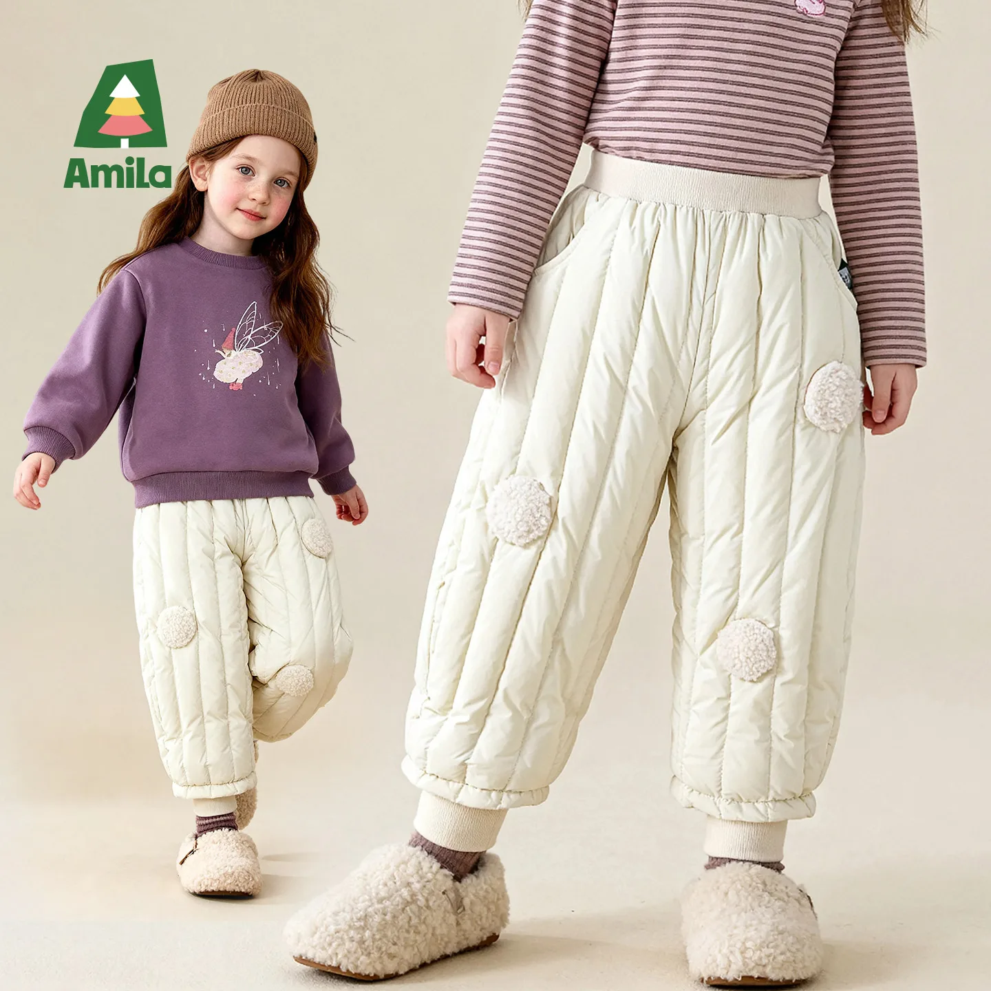 

Amila Kids Winter Leg Tied Down Pants With Vertical Stripes, Quilted Plush Circular Patches, Warm And Cozy In Winter