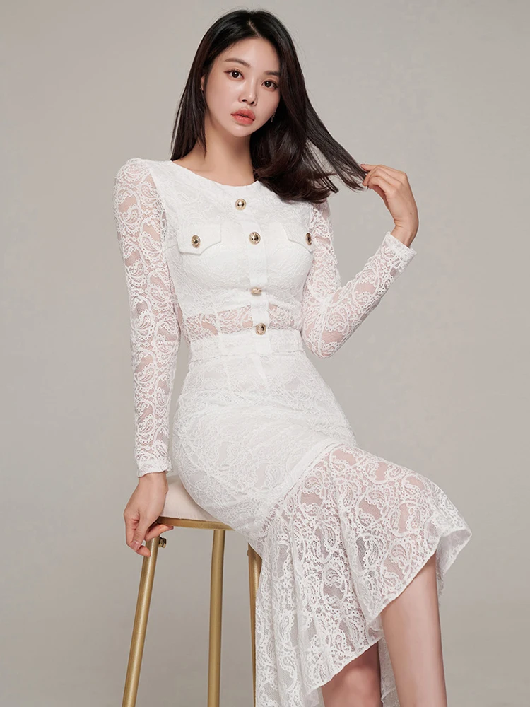 ملابس حريمي 2 قطعة الزي أنيقة السيدات الأبيض الدانتيل بلوزات مستديرة العنق قميص بلوزة وارتفاع الخصر ميدي ذيل السمكة تنورة Mujer مجموعة جديدة