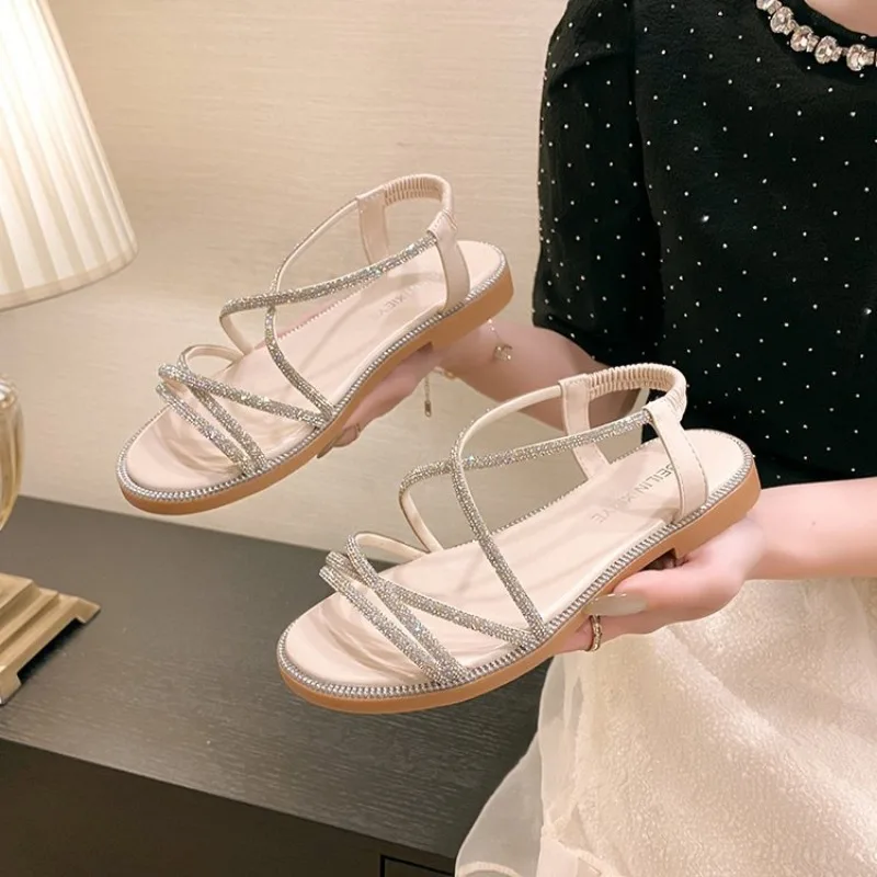 2024 Summer New Sandals, Rhinestone Flat Sandals, Women\'s Open Toe Elastic Set Foot Cross Sandals, Women Sandals