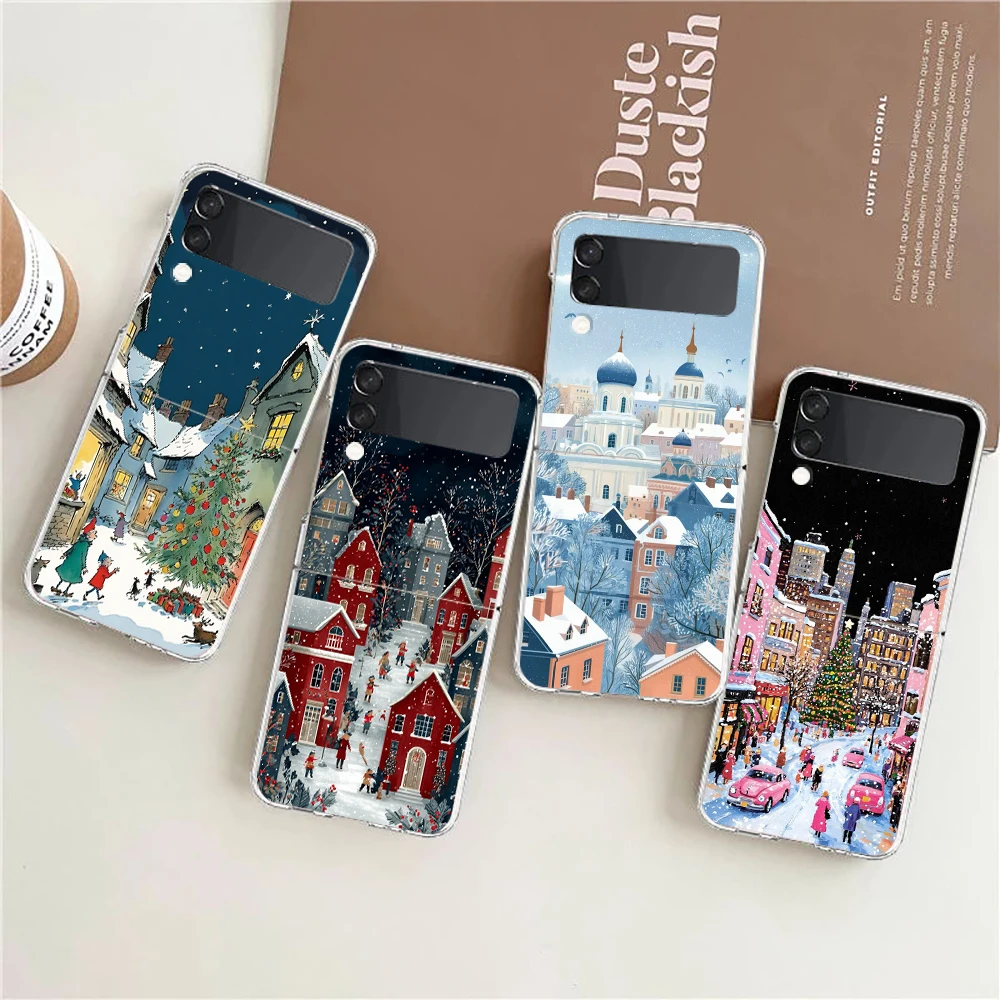 The City Winter Street Snow Scene Phone Case for Samsung Galaxy Z Flip 3 4 5 6 7 8 Folding Shell For Samsung Z Flip5 PC Cover