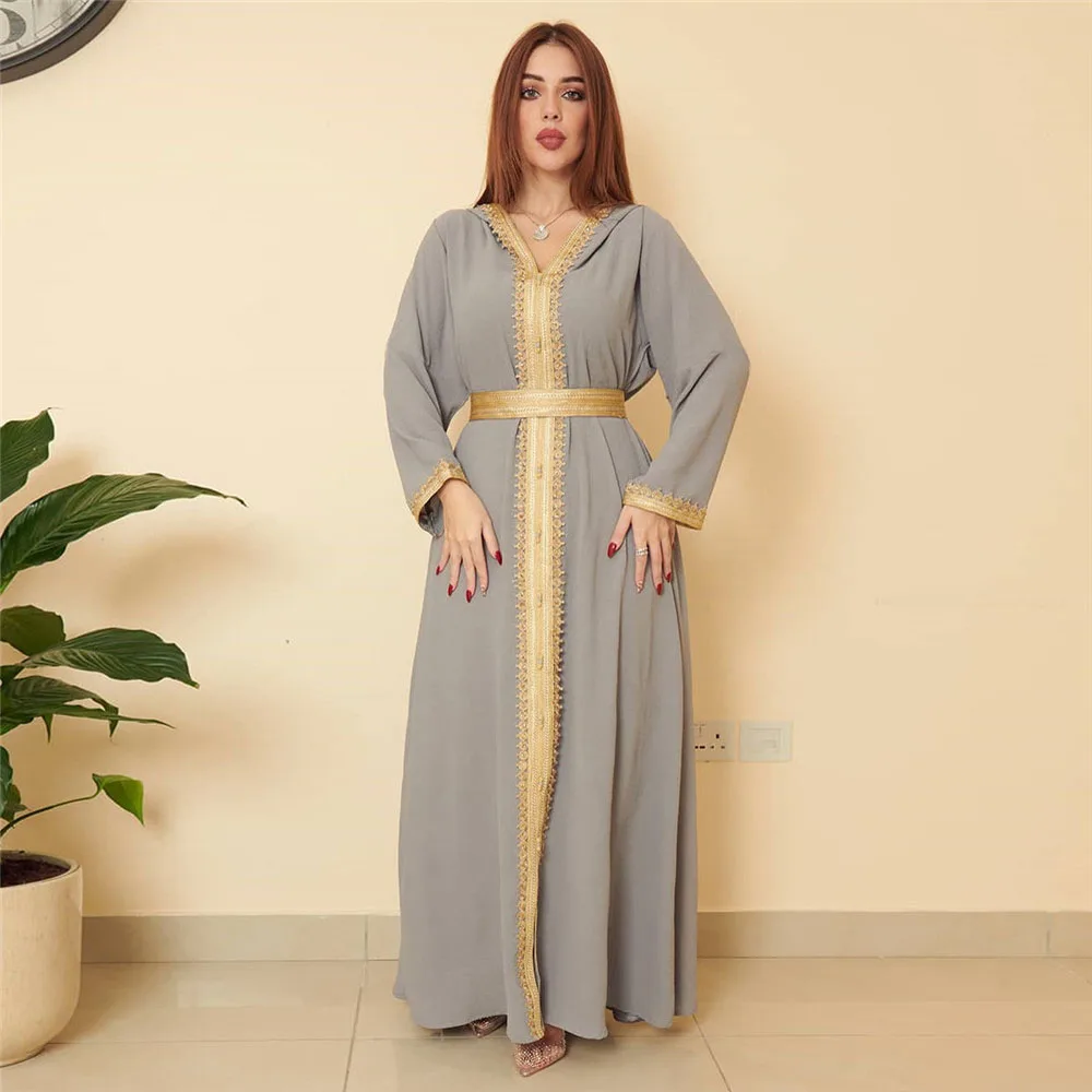 Morocco Hooded Kaftan Eid Djellaba Ramadan Women Muslim Party Dress Lace Tape Trim Gulf Jalabiya Dubai Abaya Robe Caftan Abayas