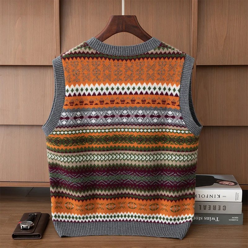 Men's Thickened Casual V-neck Jacquard Sweater Tank Top 2025 Autumn Winter Warm Trend Loose Sleeveless Pullovers Knitd Vest
