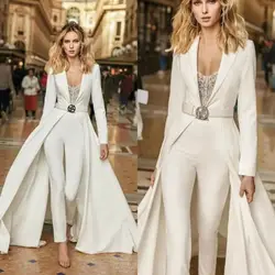 White Jumpsuits Evening Dresses Cap Sleeve Customized Arabic Long Sleeves Satin Prom Gowns Sexy Formal Party Pageant Wear