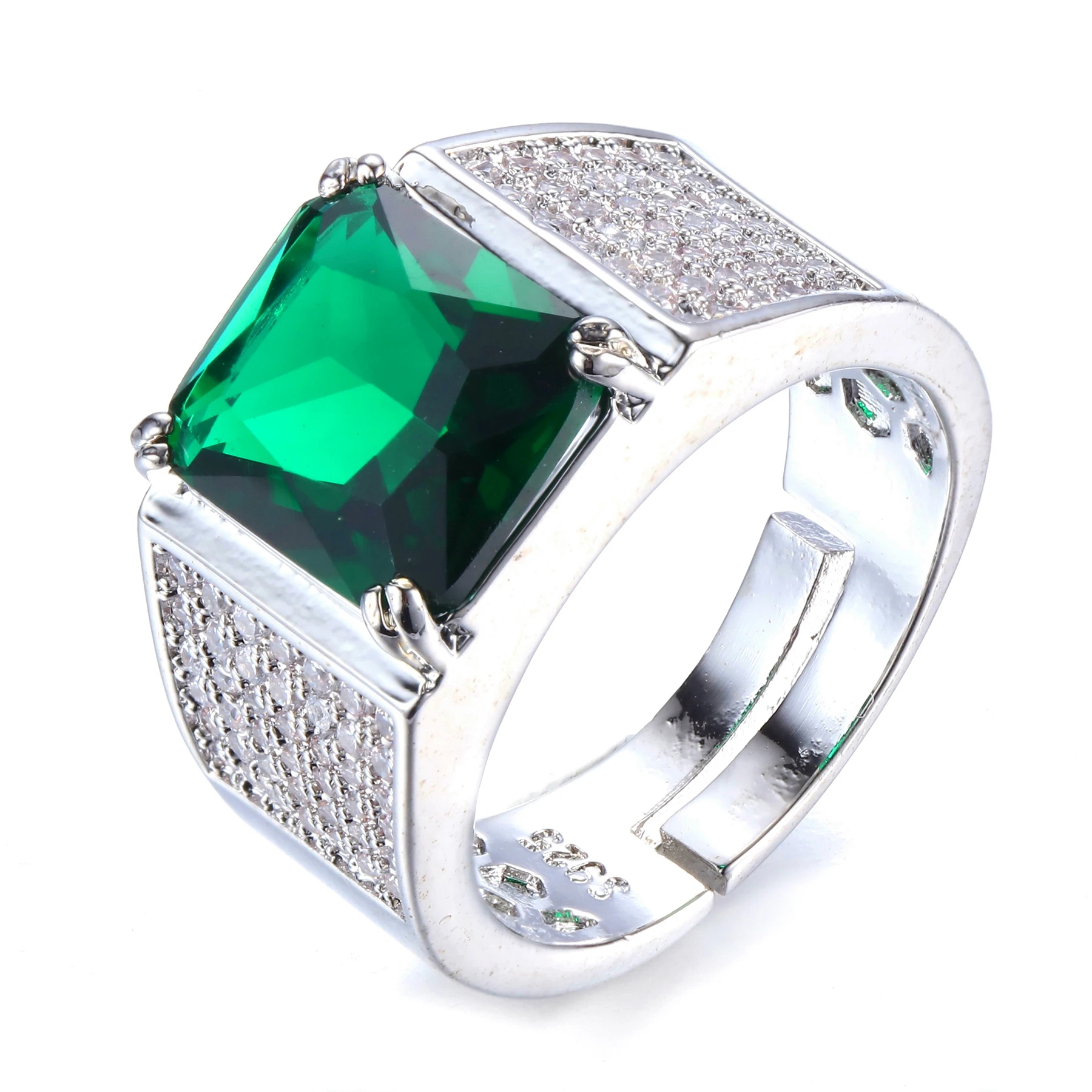 Handsome Green Emerald Square CZ & Pave Halo Wide Band Statement Rings for Men