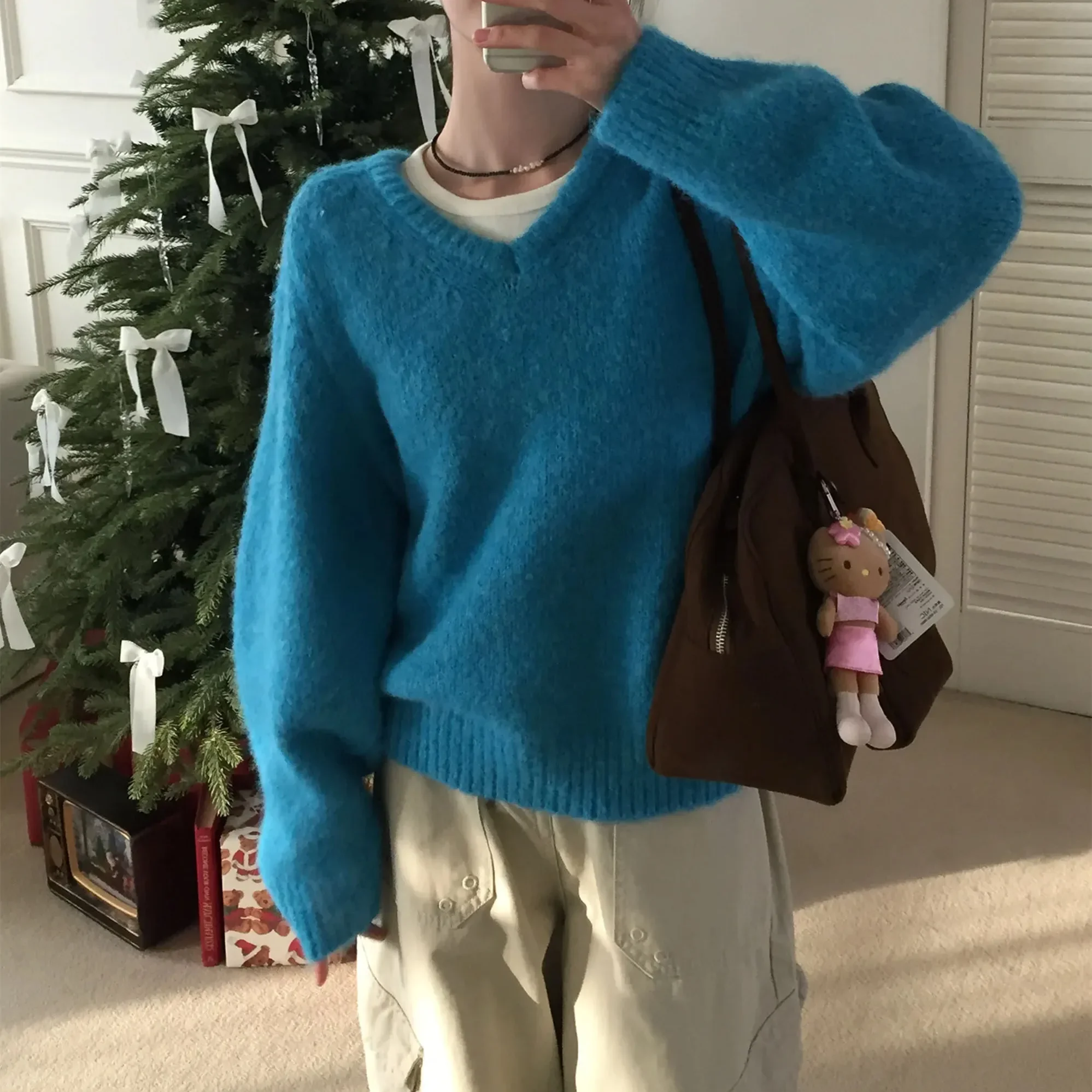 

Women's Knitted Sweater V-Ne Loose Casual Thiened Base irt Autumn Winter Korean Sle Soft Retro Sle Long Sve Top