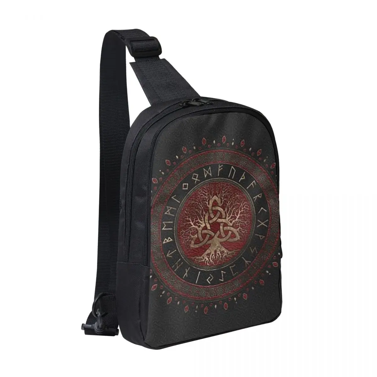 

Tree Of Life With Triquetra Black Red Leather And Gold Chest Bag Men Sling Crossbody Backpack Chest Bag Daypack Shoulder Bag