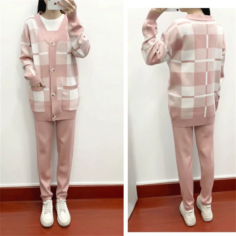 Casual Fashion 3 Piece Set V-neck Korean Knitted Cardigan Conjunto Fall Winter Women Pants Outfits Elegant Sweatpants Ensemble