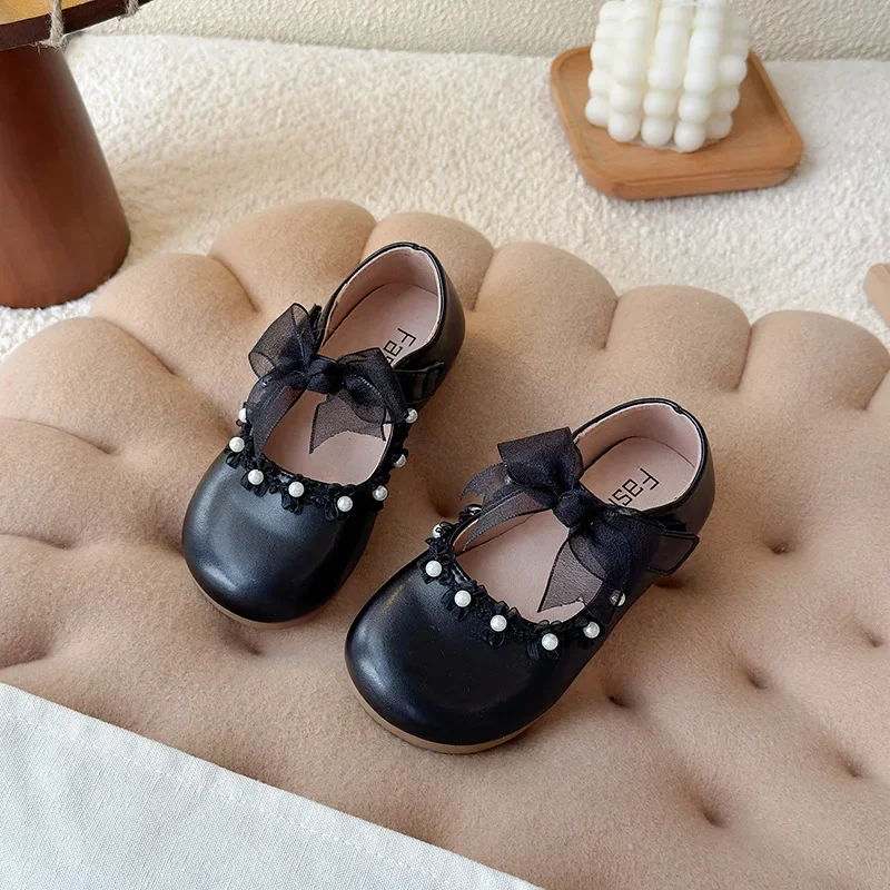 

2025 Autumn New Girls Dance Dress Shoes Round Toes Versatile Kids Princess Shoes Sweet Lace Bows Children Flat Shoes Ins Trendy