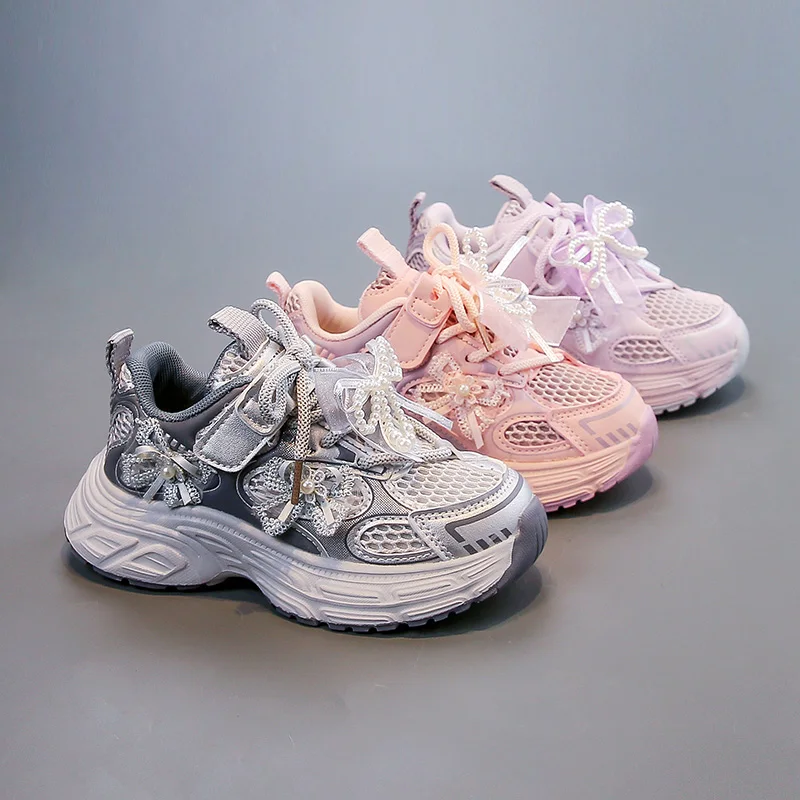 

Girl's Sneakers Mesh Patchwork Causal Fashion Bowknot Children Basketball Shoes Breathable School Kids School Running Sneakers