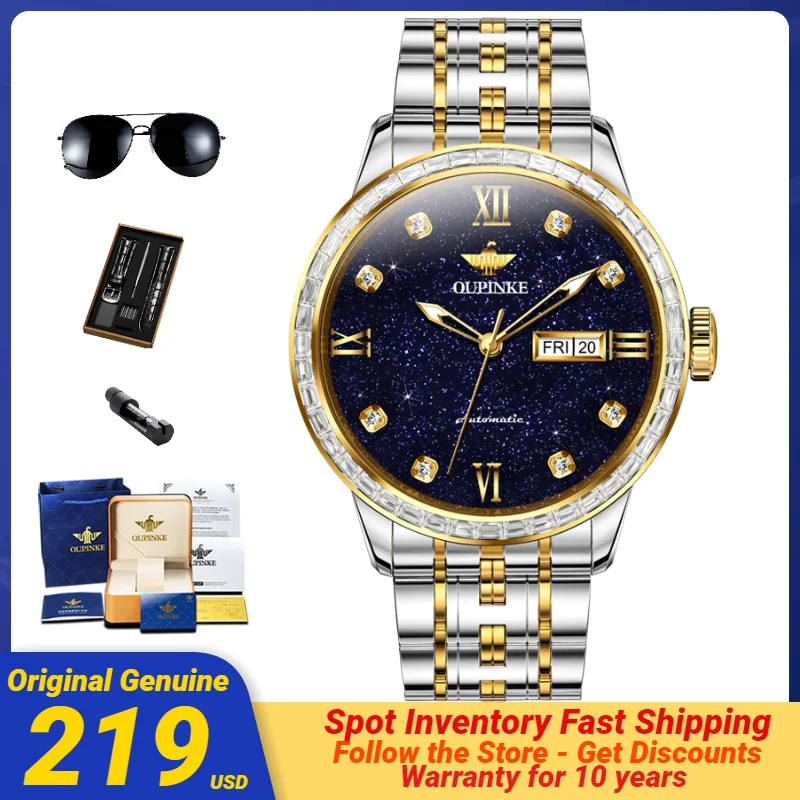 

OUPINKE 3241 Blue Starry sky Full Diamond Wristwatch for Men Imported Automatic Mechanical Movements Dual Calendar Watch Men NEW