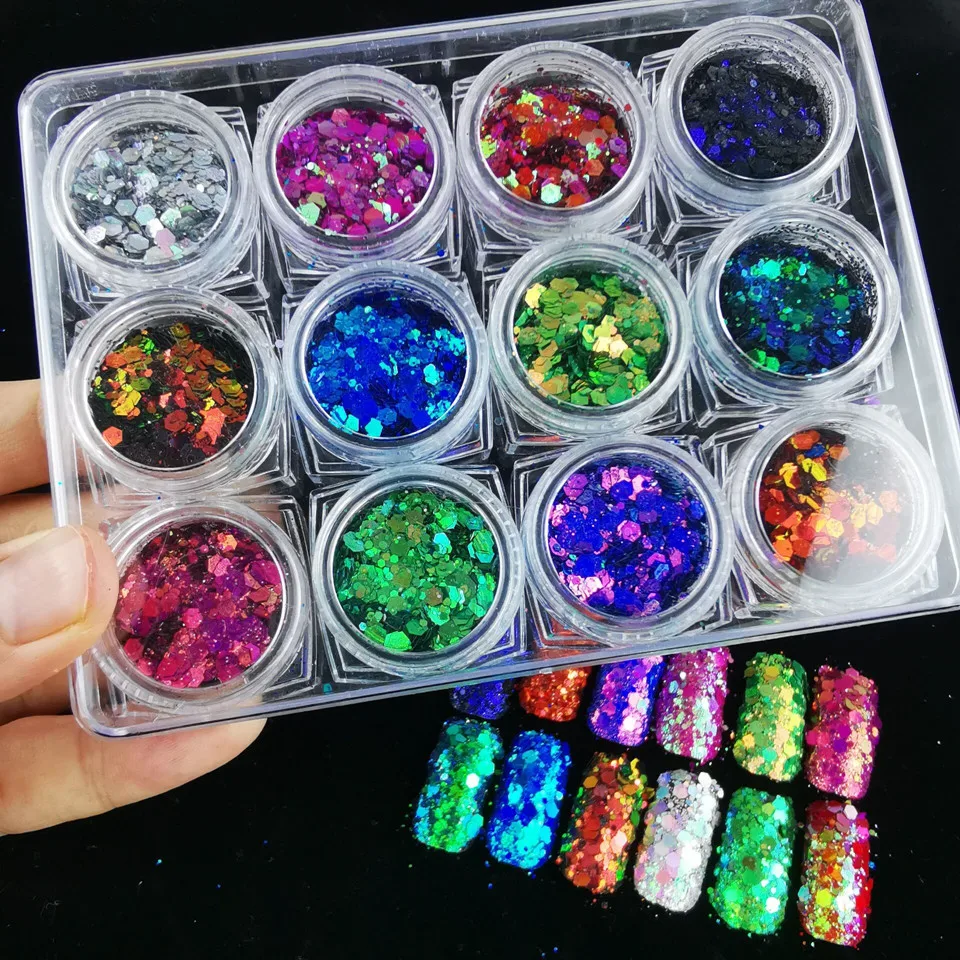PrettyG 12 Colors Set BSL Color Shift Chunky Mixes Glitter Shape Chameleon Glitter Sequins For DIY Gel Nail Art Decoration