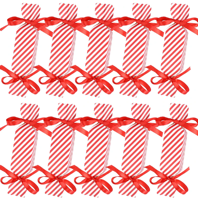 

10pcs Christmas Candy Box With Ribbon Red Striped Cookies Gifts Packaging Paper Box For Xmas Tree New Year Party Home Decor Noel