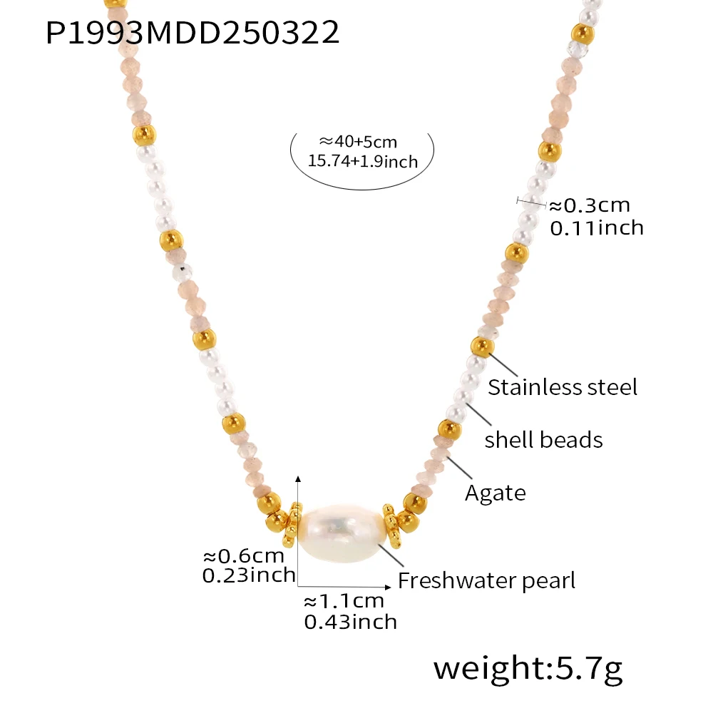 Handmade Beaded Waterproof Necklace for Women Stainless Steel Gold Plated Oval Pearl Pendant Luxury Jewelry Gift