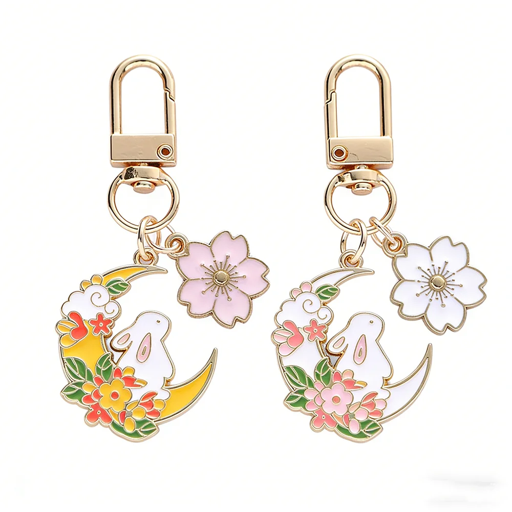 Mode Niedlichen Mond Kirsche Kaninchen Schlüsselbund für Frauen Süße Cartoon Emaille Gold Farbe Schlüssel Kette Tasche Auto Schlüssel Dekoration Mädchen Geschenk – Detail 3