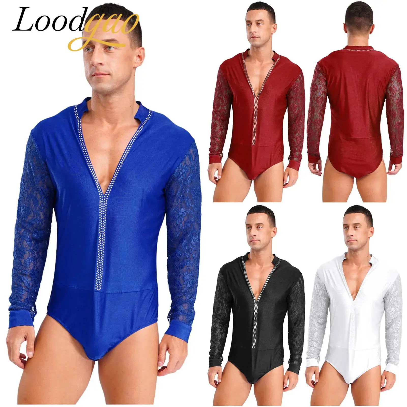

Men's Shiny Latin Tango Ballroom Dance Shirts Bodysuit Floral Lace Gymnastics Jumpsuit Skating Leotard Deep V-neck Latin Tops