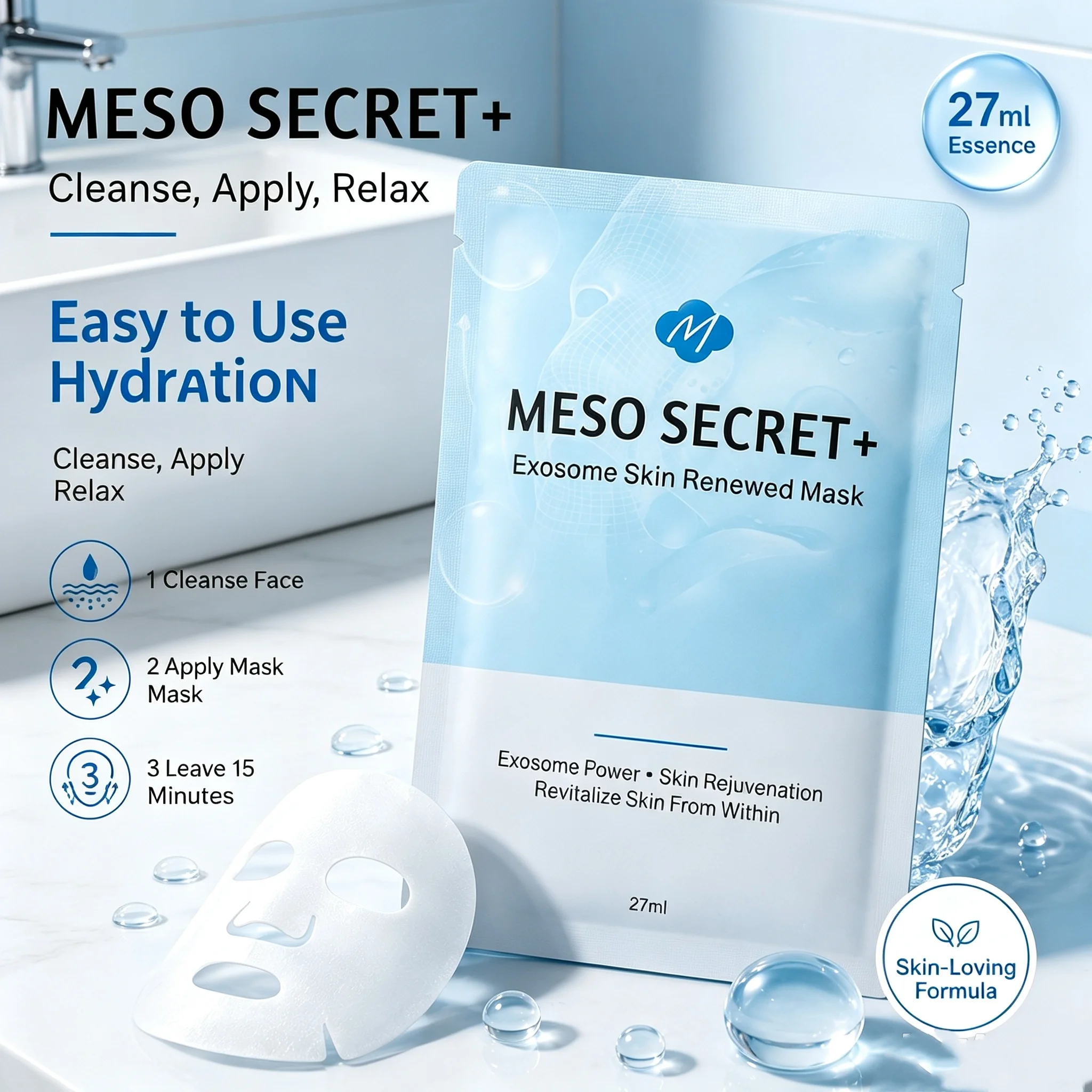 MESO SECRET Hydrating Facial Sheet Mask 27ml Hyaluronic Acid Skin Renewed Moisturizing Firming Glow Face Mask