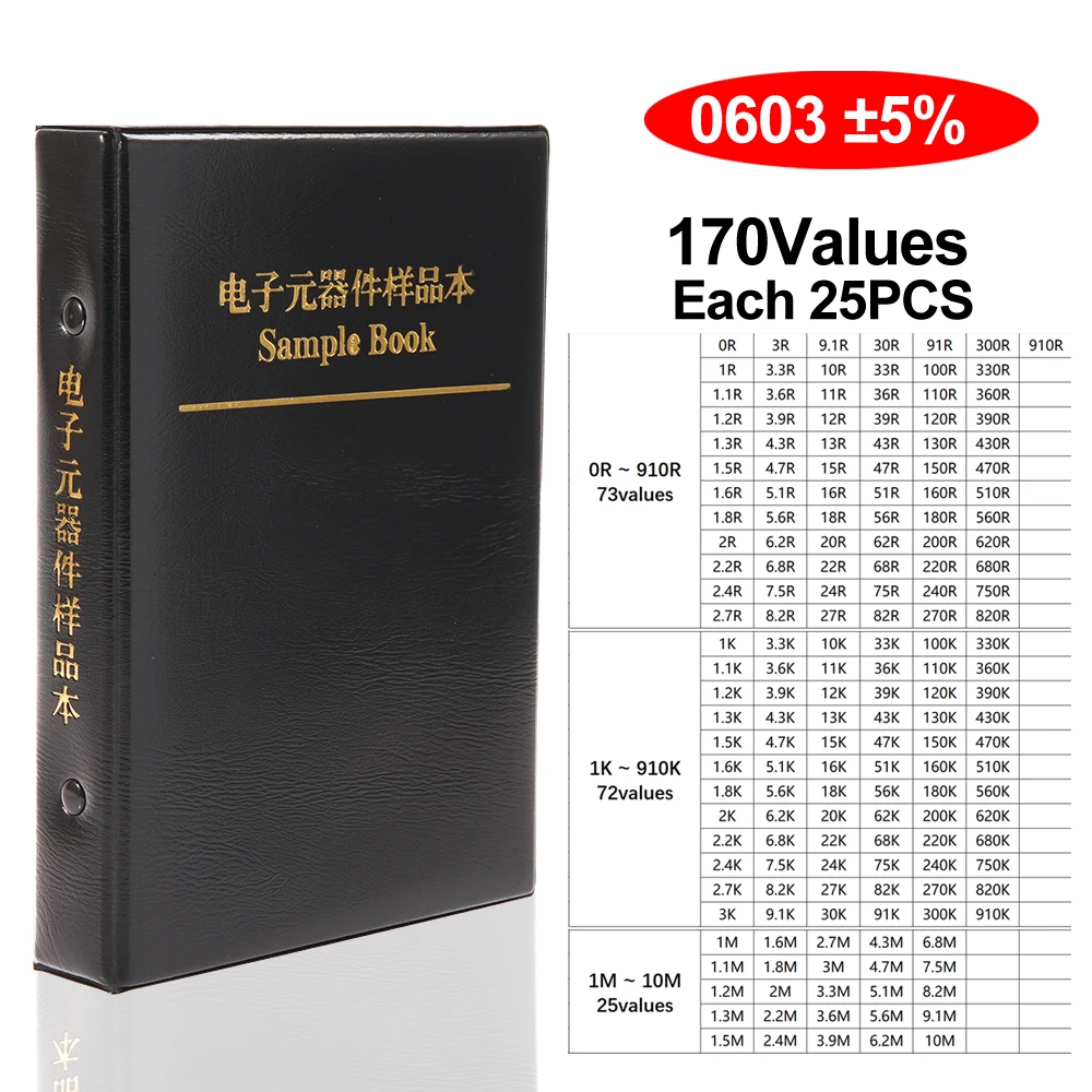 0201 0402 0603 0805 1206 5% Resistor Kit Smd Book  Chip Resistor Assortment Kit FR-07 SMT 170 Values 0R-10M Smd Sample Book 0805