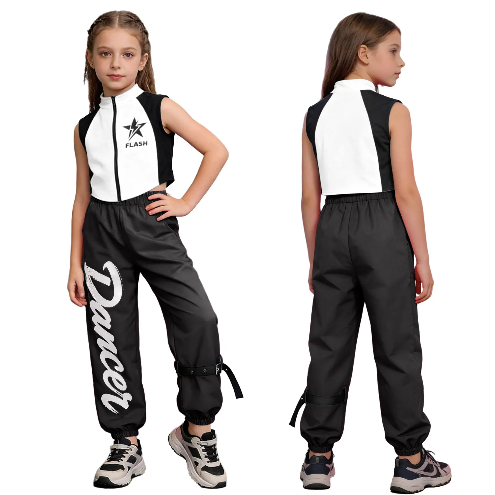 

Детский костюм для уличных танцев в стиле хип-хоп для девочек, костюм для выступлений, топ без рукавов на молнии с принтом букв, комплект брюк