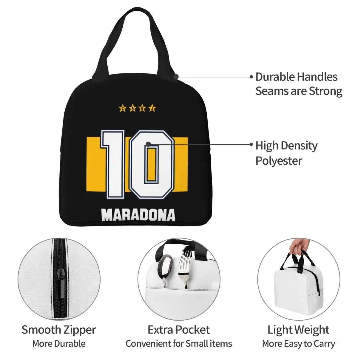 Maradona 10 Rip Insulated Lunch Bags Cooler Bag Diego Armando Maradona Argentina Football Soccer Legend Tote Lunch Box Outdoor