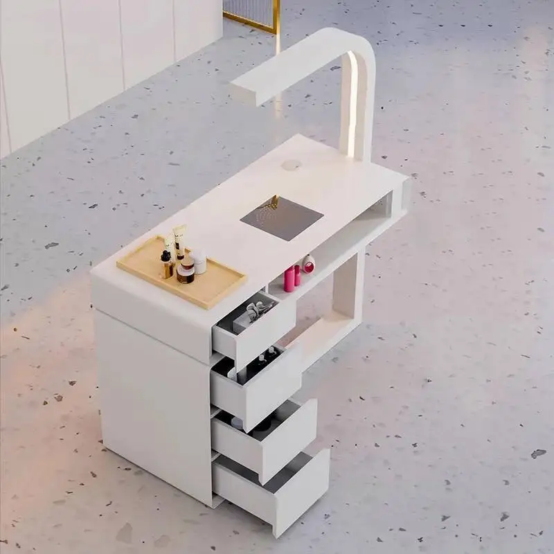 

Cream Dust Collector Manicure Table With Lamp French Beauty Storage Nail Table Minimalist Aesthetic Table Ongle Salon Furniture